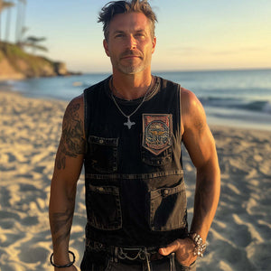 Men's Summer Retro Washed Distressed Denim Embroidered Tank Top