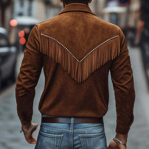 Men's Brown Vintage Lapel Tassel Suede Shirt