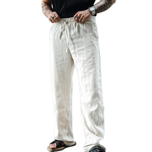 Men's Solid Cotton And Linen Mid Waist Straight Casual Pants