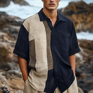 Men's Casual Skin-friendly Color Matching Ice Silk Wrinkled Short-sleeved Shirt