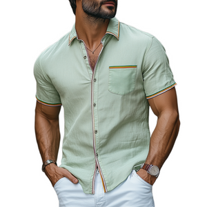 Men's Summer Fashion Casual Colorful Ribbon Stitching Cotton And Linen Short-sleeved Shirt