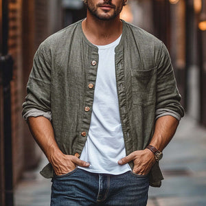 Men's Cotton And Linen Single-Breasted Long-Sleeved Loose Shirt