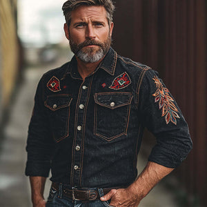 Herren-Jeanshemd mit Vintage-Stickerei und langen Ärmeln