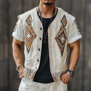 Men's Vintage Embroidered Single Breasted Tassel Vest