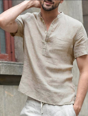 Einfarbiges, klassisches Kurzarmhemd aus Leinen mit Tasche für Herren