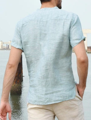 Einfarbiges, klassisches Kurzarmhemd aus Leinen mit Tasche für Herren