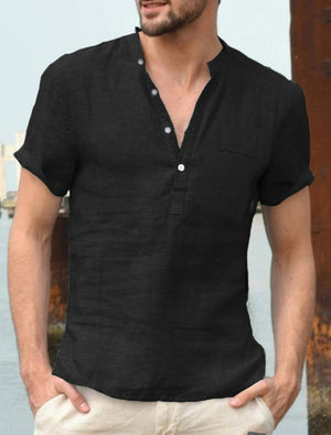 Einfarbiges, klassisches Kurzarmhemd aus Leinen mit Tasche für Herren