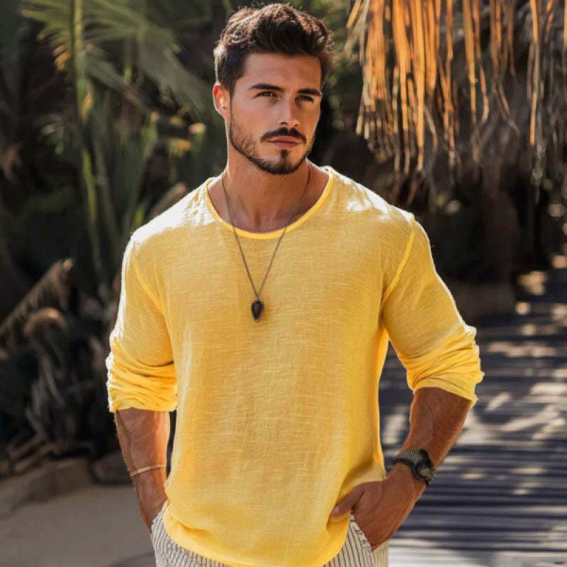 Men's Casual Cotton Linen Round Neck Loose Long Sleeve T-Shirt