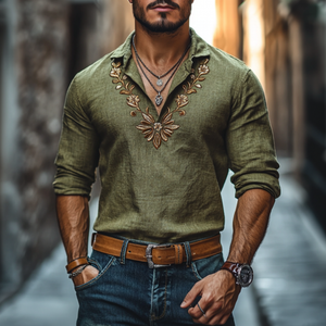 Men's Casual Linen Lapel Floral Embroidery Slim Fit Long Sleeve Shirt