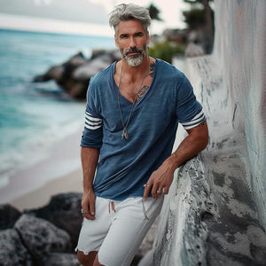 Lockeres Langarm-T-Shirt mit V-Ausschnitt und gestreiftem Patchwork für Herren