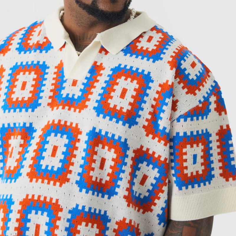 Men's Summer Fashion Casual Vacation Lapel Hollow Color Knitted Short-sleeved T-shirt