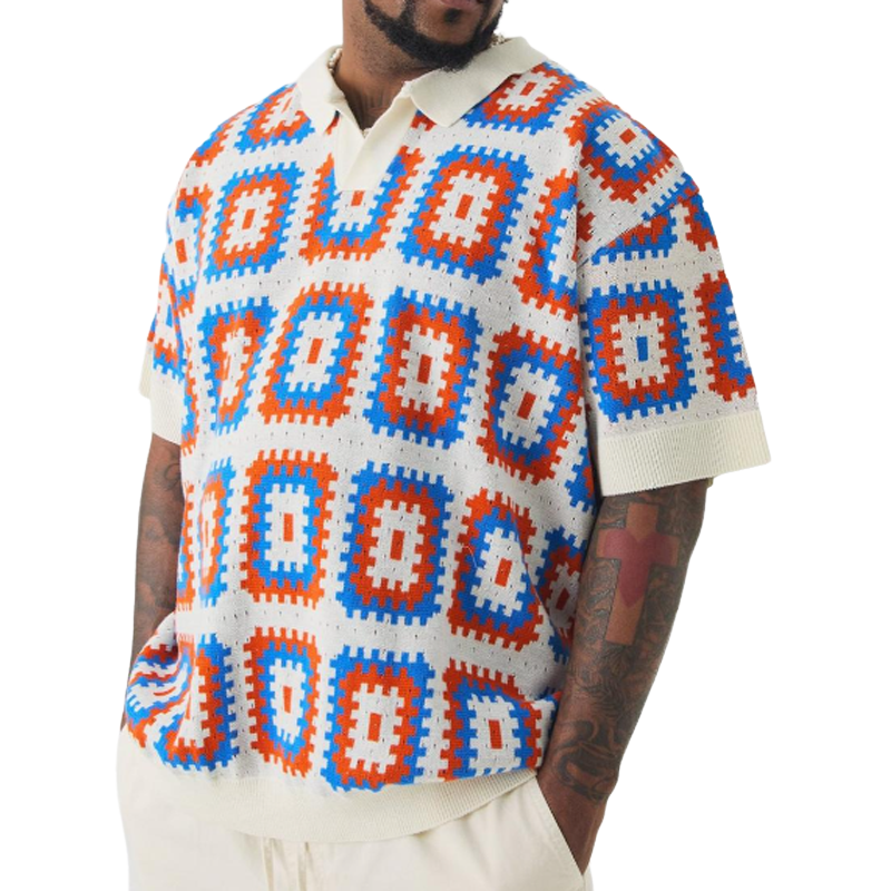 Men's Summer Fashion Casual Vacation Lapel Hollow Color Knitted Short-sleeved T-shirt