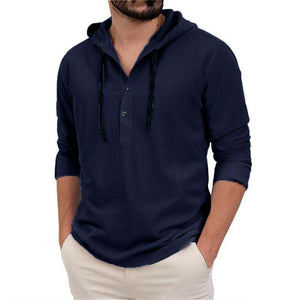 Men's Casual Solid Button Hooded Long Sleeve Shirt