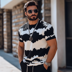 Men's Casual Contrast Color Jacquard Round Neck Slim Fit Knitted Short Sleeve Sweater T-Shirt
