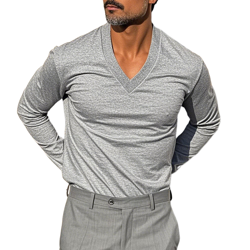 Men's Solid Color Blend V-Neck Long Sleeve T-Shirt
