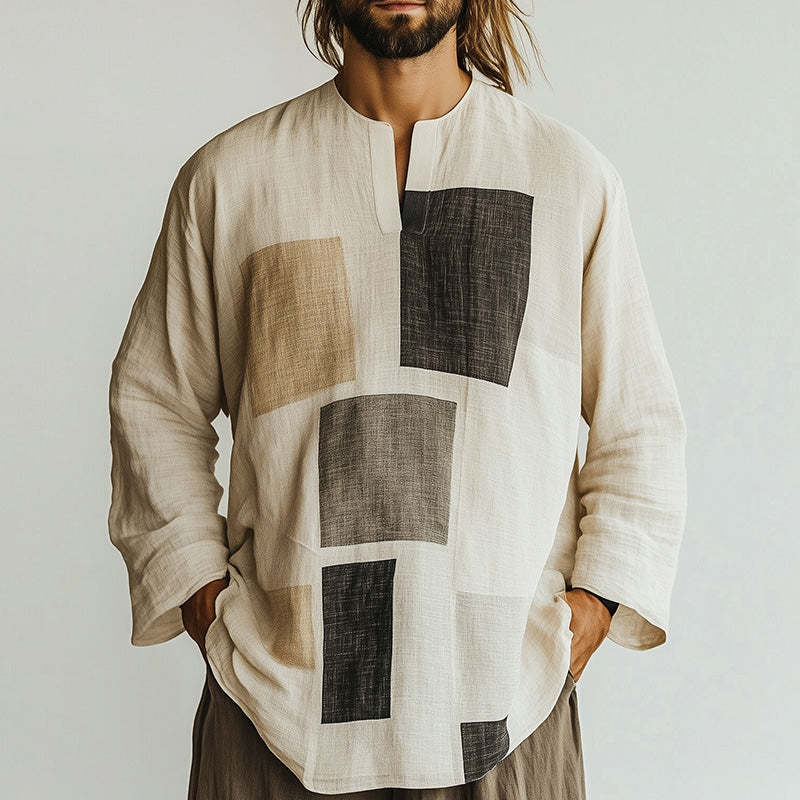 Men's Geometric Print Long Sleeve Open Collar T-Shirt