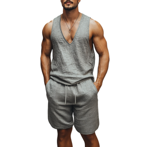 Men's Casual Linen V-neck Loose Tank Top Elastic Waist Shorts Set