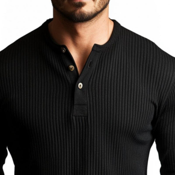 Men's Casual Rib Stripe Henley Neck Slim Fit Long Sleeve T-Shirt