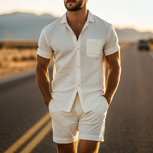 Men's Summer Fashion Casual Slim Fit Silk Cotton Short Sleeve Shirt Pocket Shorts Set