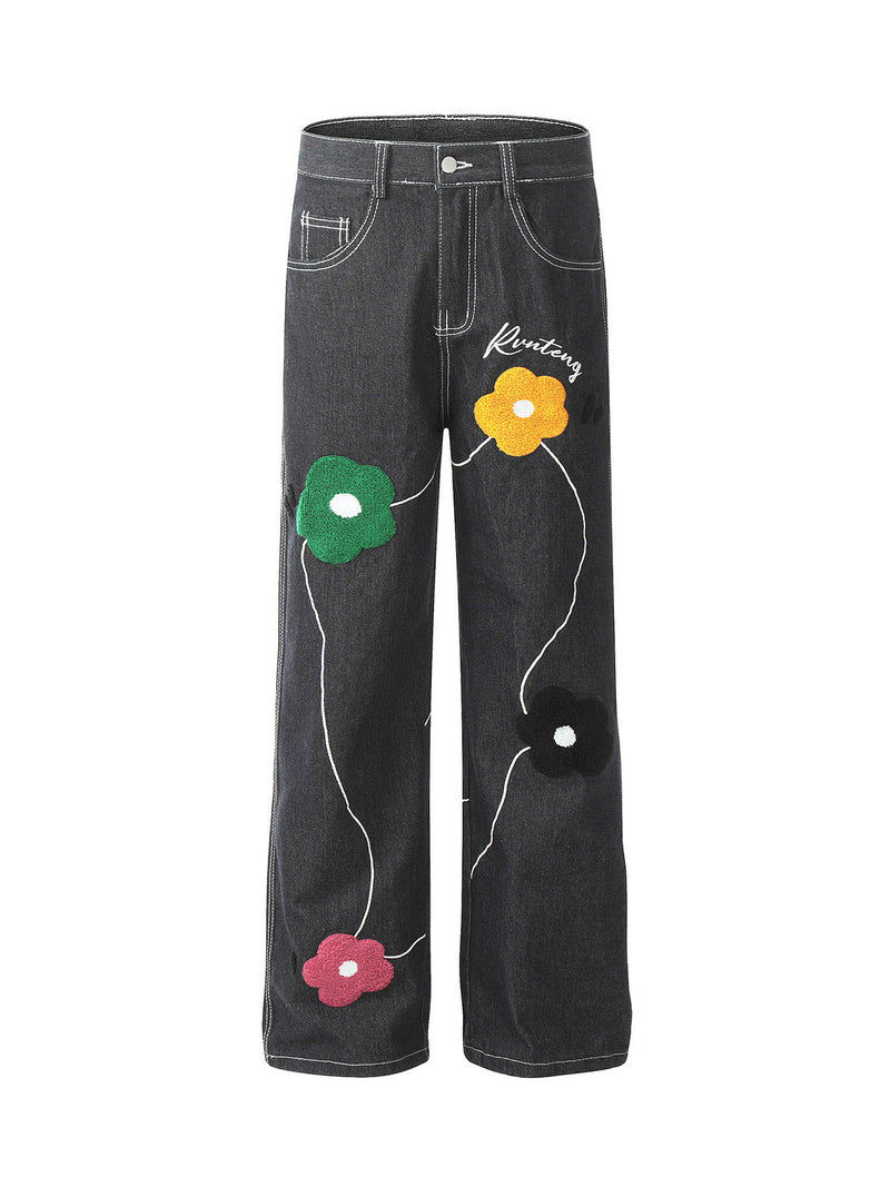 Vintage Floral Embroidery Washed Straight Leg Jeans