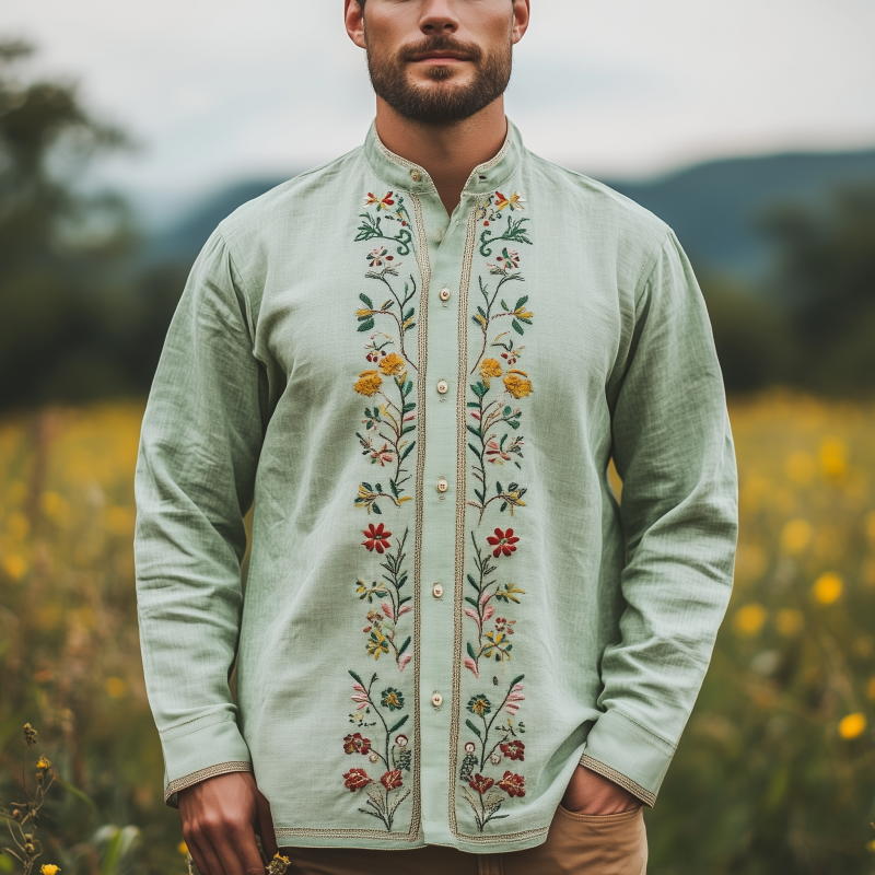 Herren Frühling und Sommer Mode Retro Casual Stehkragen Besticktes Langarmhemd