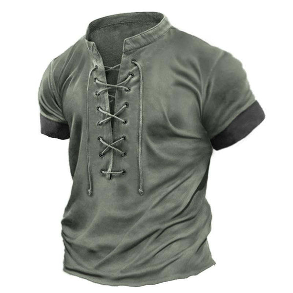 Men's Casual Vintage Lace Up Colorblock Short Sleeve T-Shirt