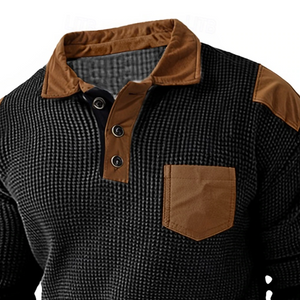 Herren Waffel-Poloshirt, langärmelig, Vintage-Mode, Knopftasche, Frühling &amp; Herbst, schwarzes Poloshirt