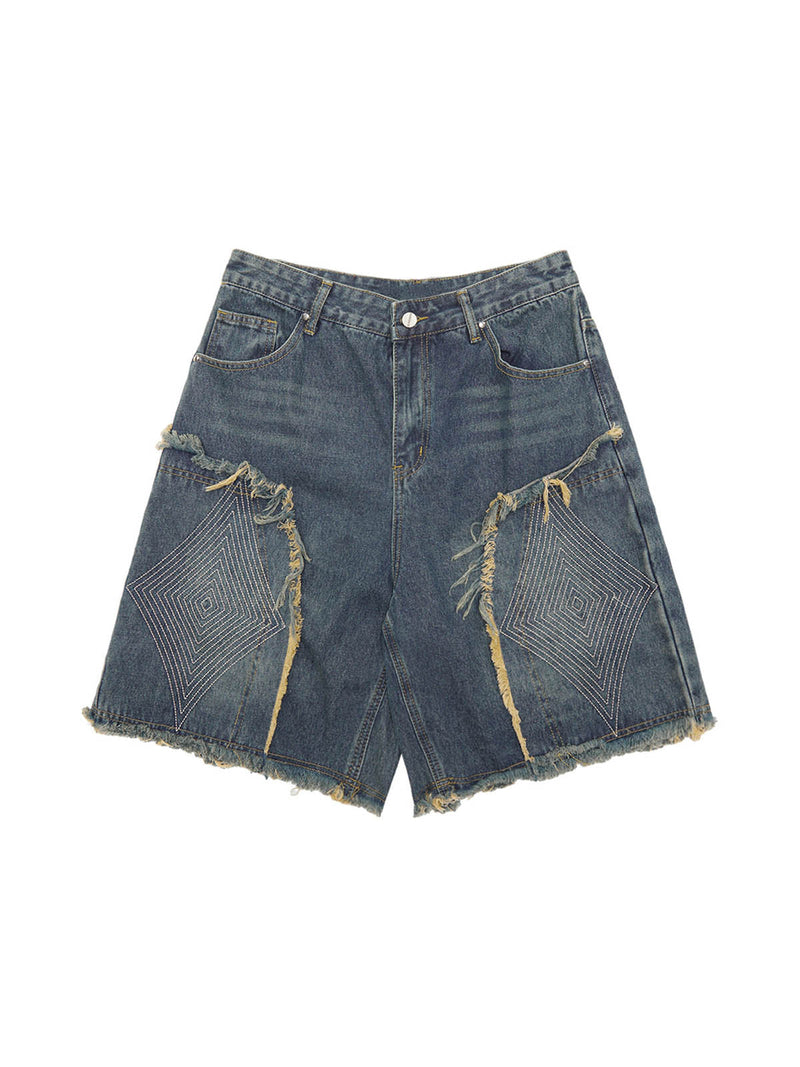 Retro Stitching Diamonds Embroidery Shorts