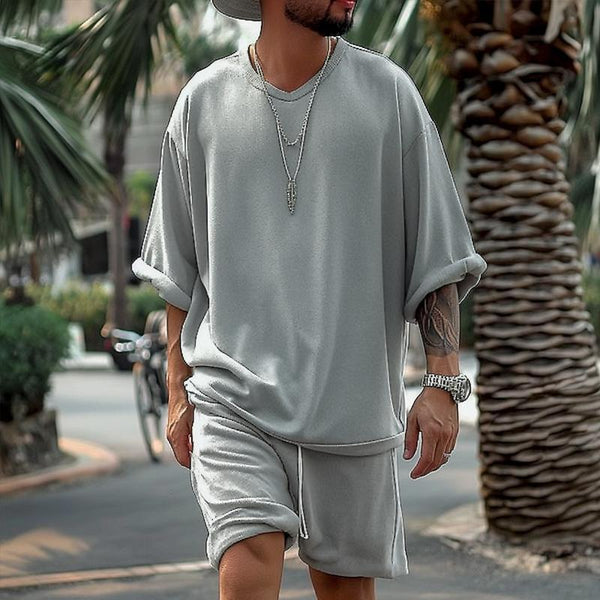 Men's Solid Loose V Neck Short Sleeve T-shirt Shorts Casual Set