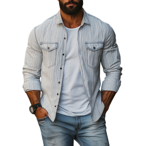 Men's Casual Comfort Cotton Linen Striped Lapel Chest Pocket Loose Long Sleeve Shirt