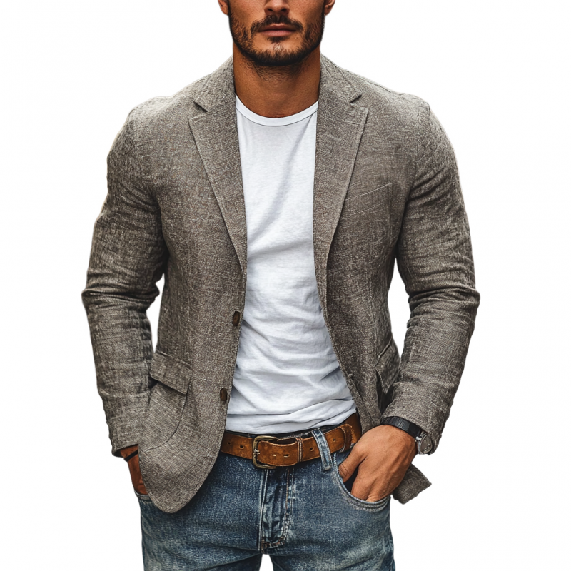 Lässiger Herren-Blazer aus Baumwolle und Leinen mit Revers, einreihig, schmaler Schnitt