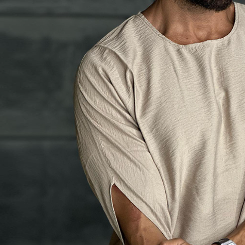 Men's Retro Casual Linen Pleated Round Neck Short Sleeve T-Shirt