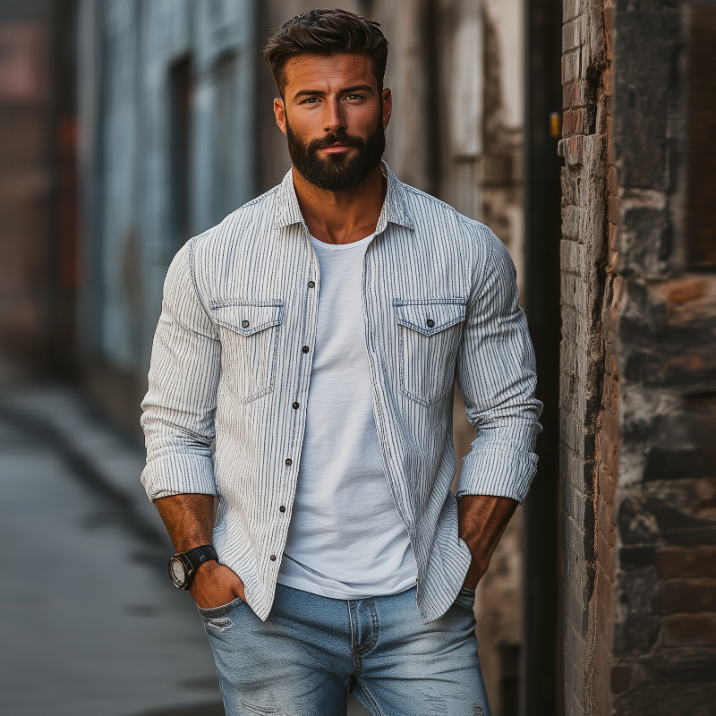 Herren Casual Comfort Baumwolle Leinen Gestreiftes Revers Brusttasche Lockeres Langarmhemd