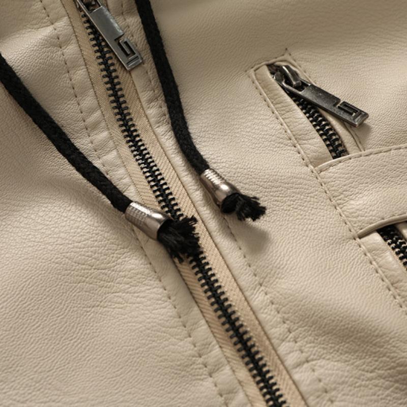 Herren Vintage Kapuzenfleece Warm Reißverschluss Slim Fit Lederjacke
