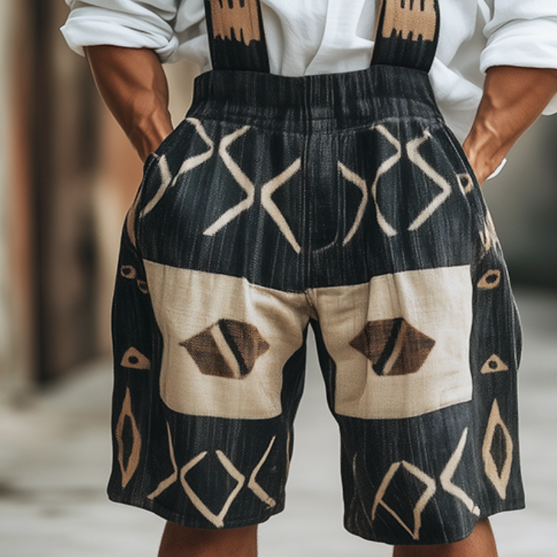 Men's Retro Geometric Print Linen Overalls