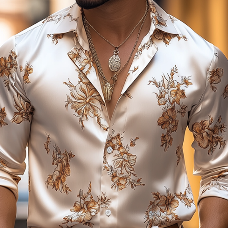 Herren Frühlings- und Sommermode Retro Blumendruck Satin Langarmhemd