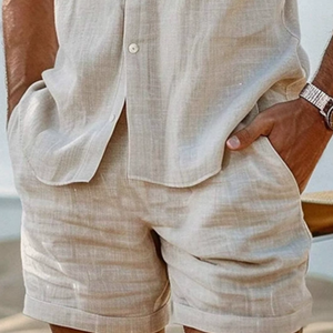 Herren Casual Leinen Revers Ärmelloses Hemd Elastische Taille Lose Shorts Set