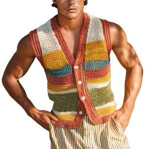 Men's Casual V-neck Colorful Striped Single-breasted Knitted Vest
