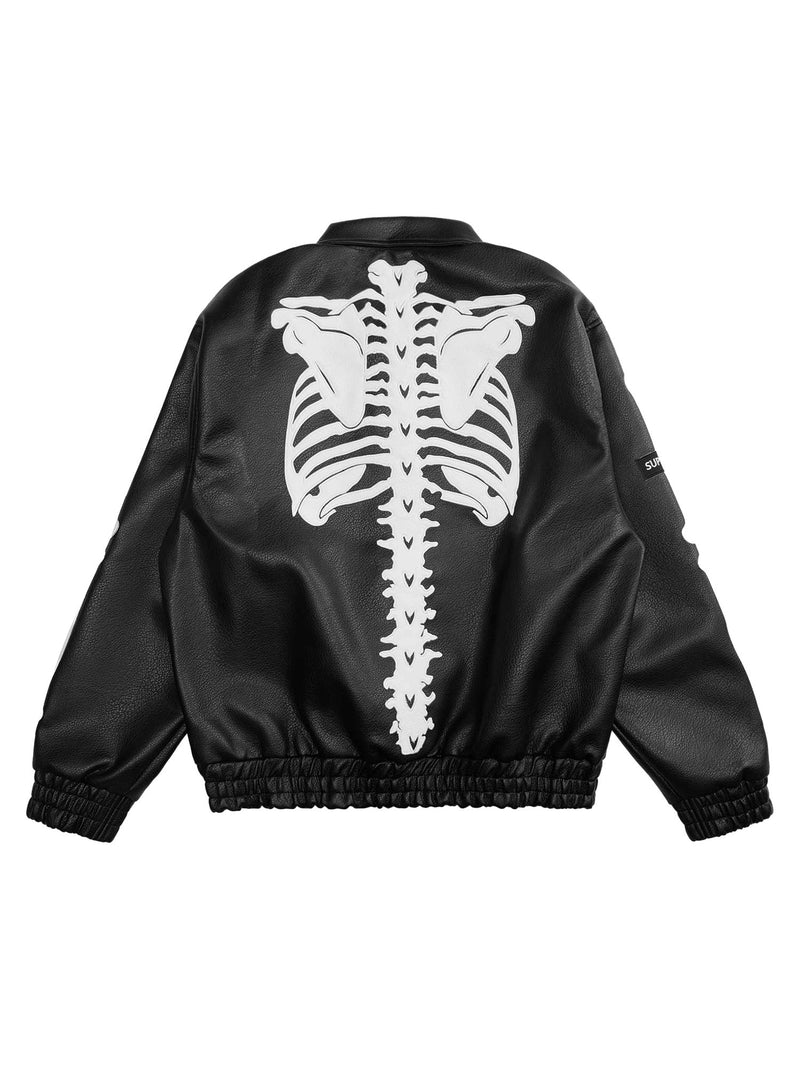 Hip Hop Bones Embroidered Leather Jacket