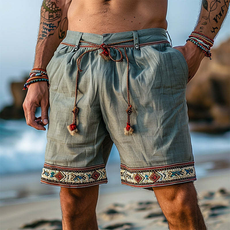 Sommer-Shorts aus Baumwolle und Leinen mit Retro-Stickerei für Herren