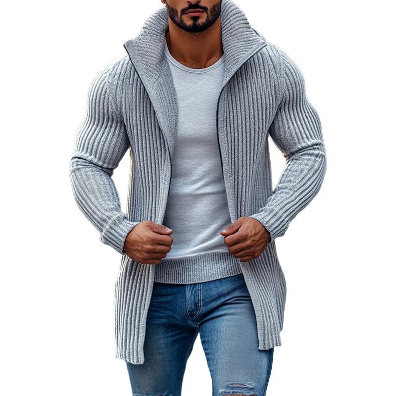 Modischer Herren-Strickpullover mit Stehkragen, einfarbig, gestreift, langen Ärmeln und mittlerer Länge