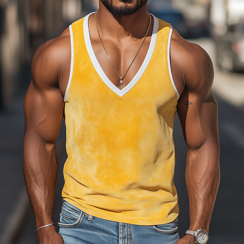 Herren Sommermode Persönlichkeit Freizeit Tiefer V-Ausschnitt Helle Farbnähte Wildleder Tank Top
