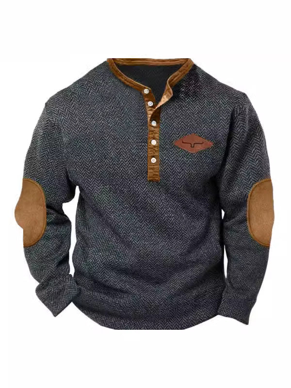 MEN'S RETRO HERRINGBONE FABRIC HENRY ELBOW PATCH COLOR BLOCKED WESTERN SWEATSHIRT