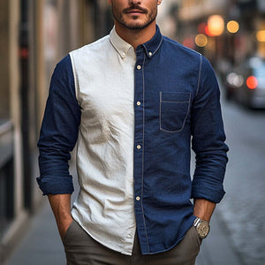 Herrenhemd aus Baumwolle und Leinen mit Kontrastnähten für Frühling und Herbst