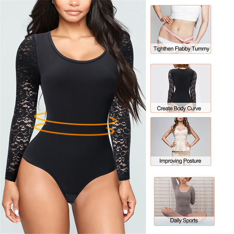 Long Sleeve Round Neck Lace Leotard