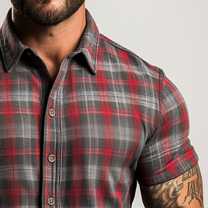 Men's Retro Casual Plaid Print Lapel Short Sleeve Shirt