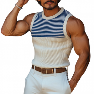 Men's Casual Round Neck Navy Striped Slim Fit Knitted Tank Top