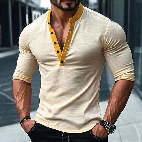 Men's Vintage Slim Fit Henley Neck Stretch Long Sleeve T-Shirt