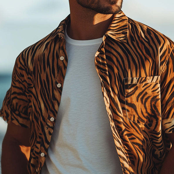 Men's Summer Retro Tiger Print Casual Short Sleeve Shirt