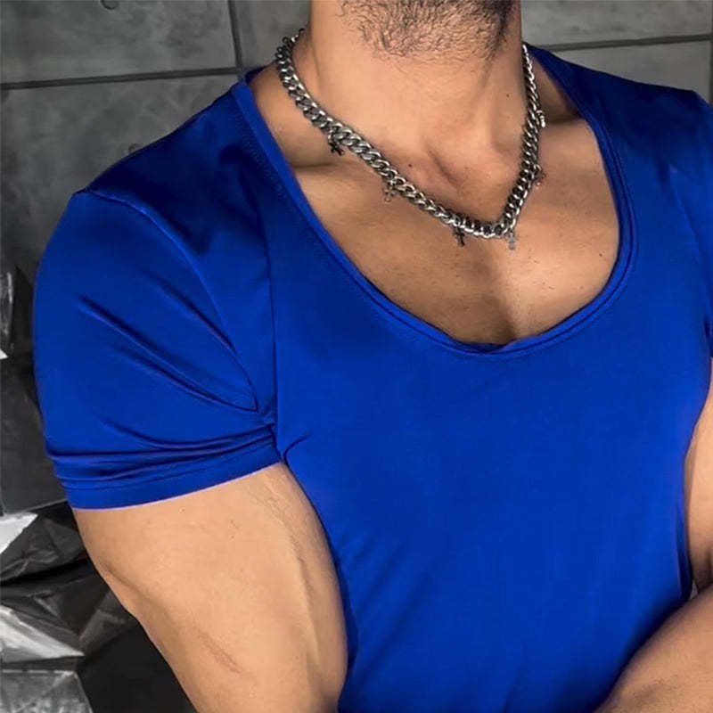 Men's Retro Casual Solid Color Elastic Round Neck Short Sleeve T-Shirt
